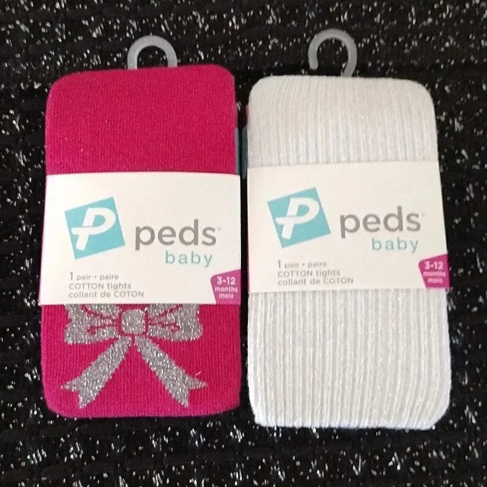 $9💥 Peds Baby 2 Prs Ivory & Pink Sparkly Cotton Tights 3- 12 mnths NWT